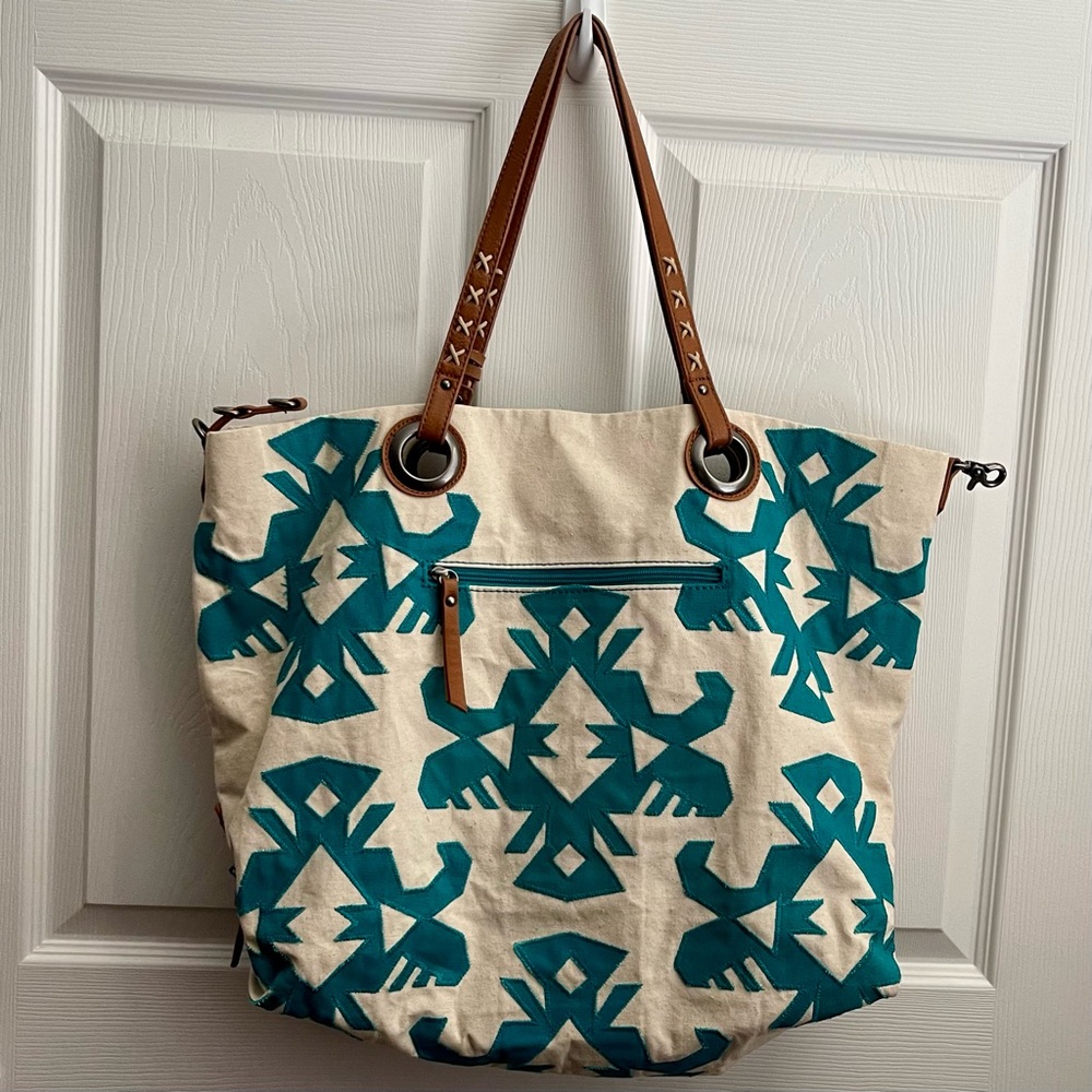 LUCKY BRAND SOUTHWEST INSPIRED COVINA CANVAS TOTE TURQUOISE AND CREAM LIKE NEW - Picture 3 of 16